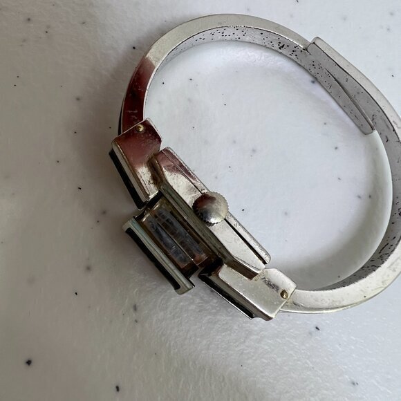 Jean Perret Geneve Enameled Watch Bracelet Black Floral Silver Tone Cuff Vintage main image 8